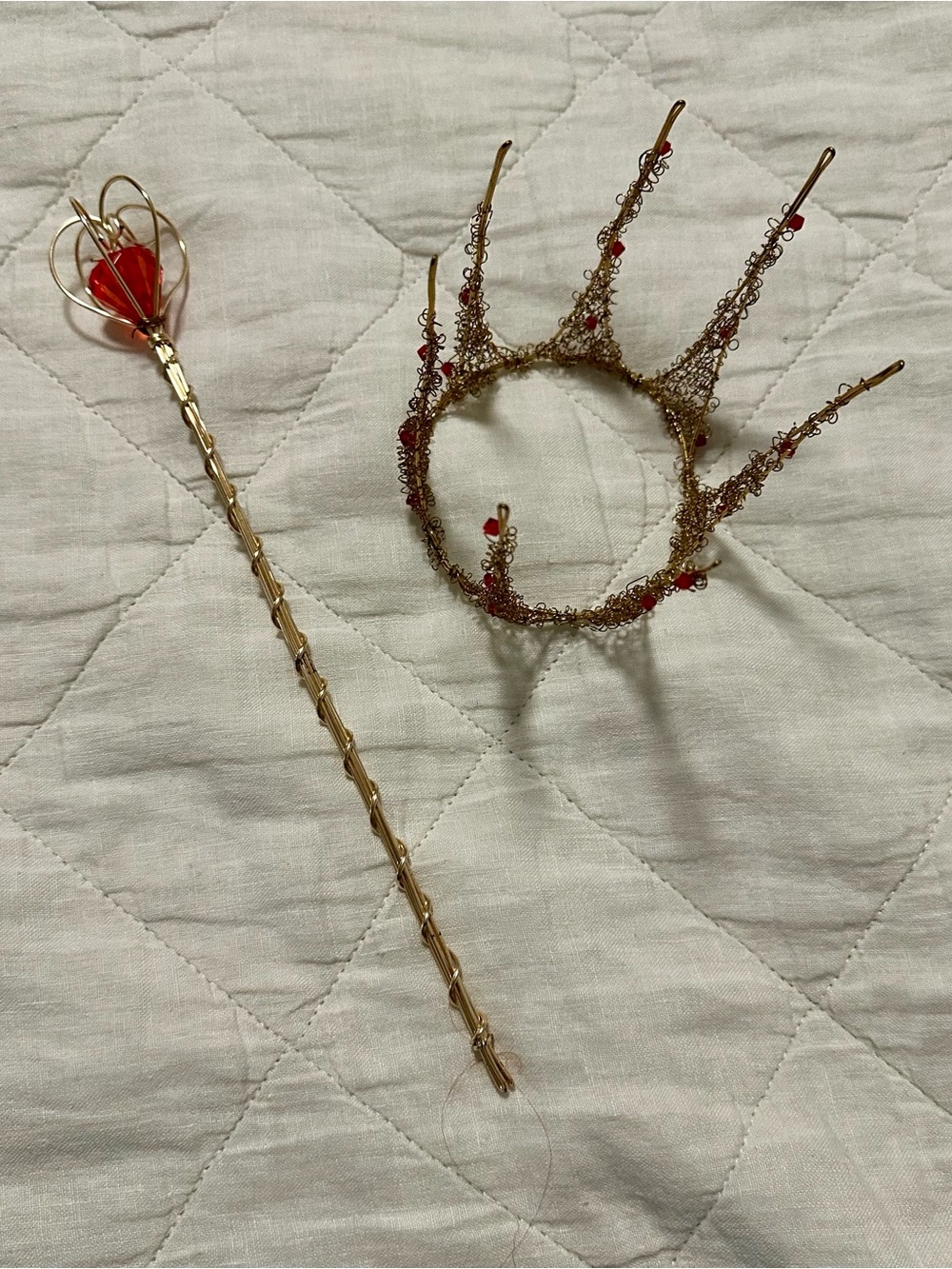 Delicate Gold and Red Decorative Hair Crown and Wand Set Handmade